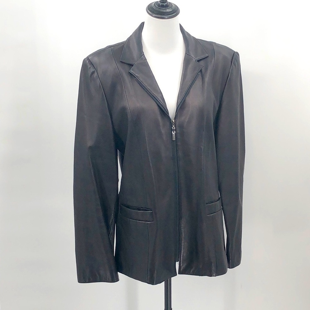 Jones New York Size L Black Leather Zip Up Jacket